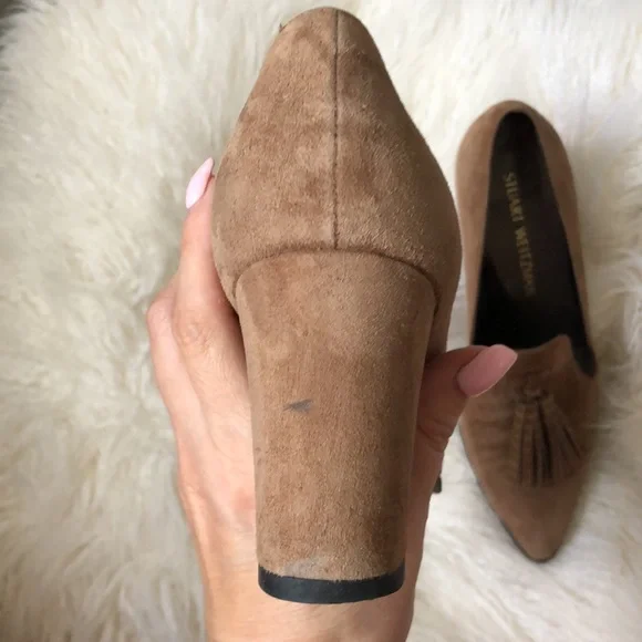 Stuart Weitzman Broom Brown Tassel Suede Block Heel Pumps - Picture 4 of 10
